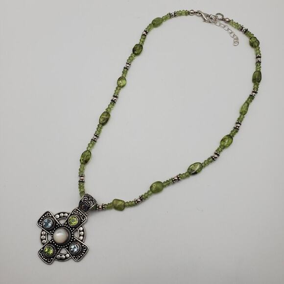 Suarti BA 925 Sterling Silver 18K Gold Topaz Peridot MOP Cross Pendant Necklace - Picture 1 of 7